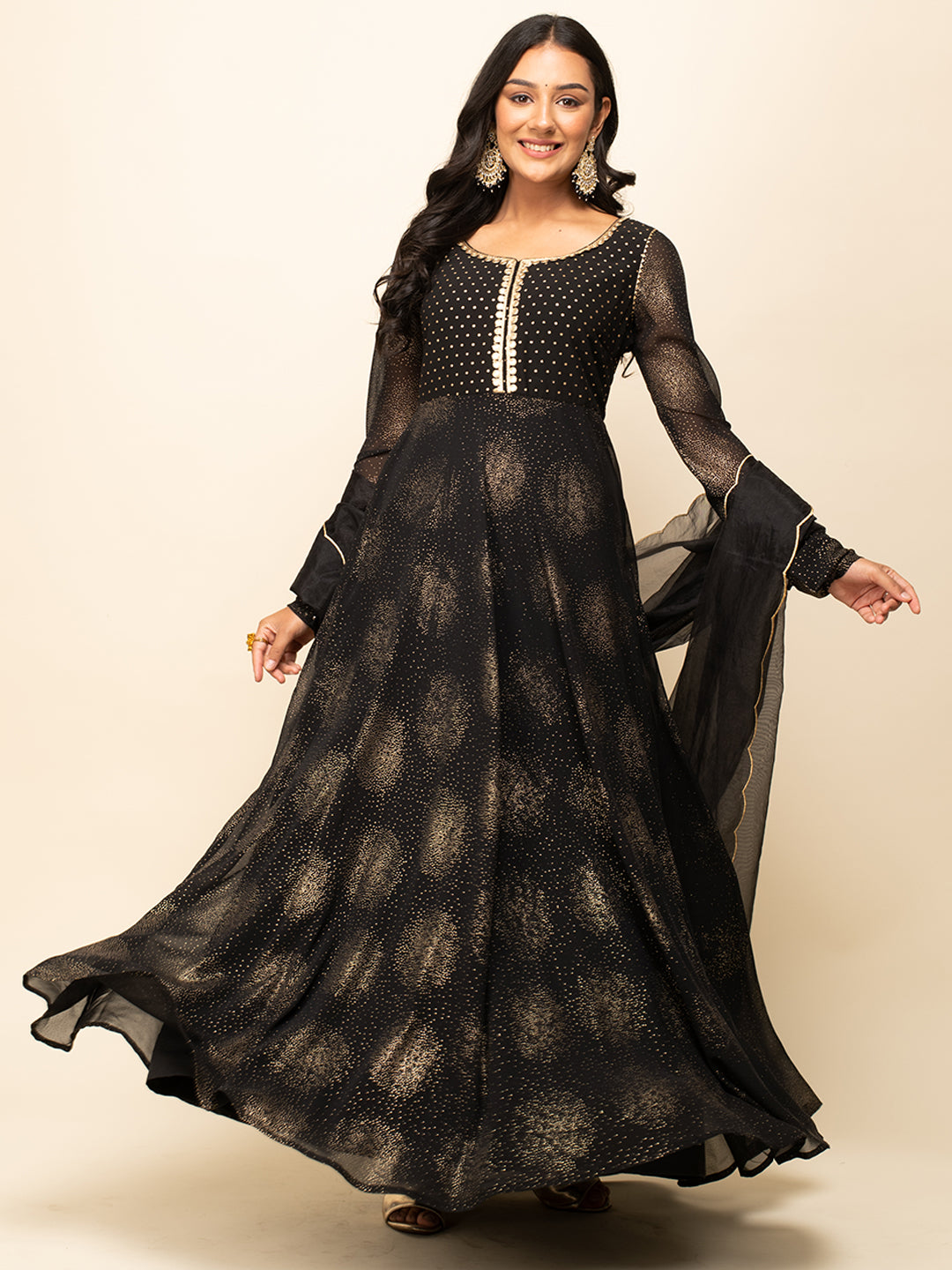 FIORRA Women's Black Georgette Printed Gown with dupatta